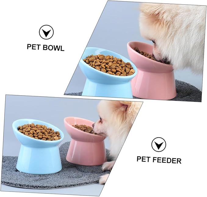 FRCOLOR Ceramic Raised Pet Food Bowl with Slanted Edge for Neck Protection, Pink Cat and Dog Feeder Bowl Suitable for Cats and Small Dogs in Feeding Watering Supplies