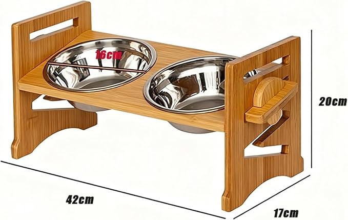 Elevated Cat Bowl Adjustable Bamboo Feeding Rack with 2 Stainless Steel Bowls