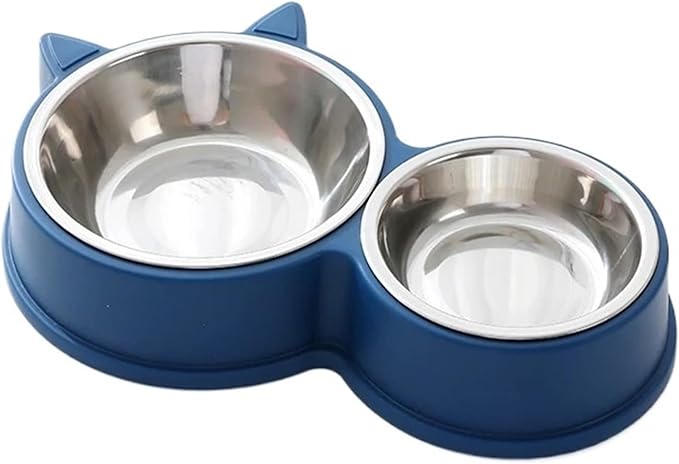 Puppy Kitten Feeding Supplies Two Pets Bowls Dog Food Drinker Stainless Steel Pet(Blue)