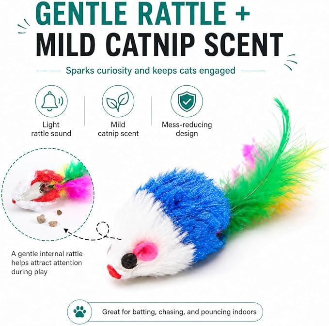 FYNIGO Cat Mouse Toys 17 Pack, Interactive Cat Toys for Indoor Cats, Catnip-Scented Plush Mice with Feather Tails & Rattle Sound, Kitten Toys for Entertainment, Exercise & Hunting Play