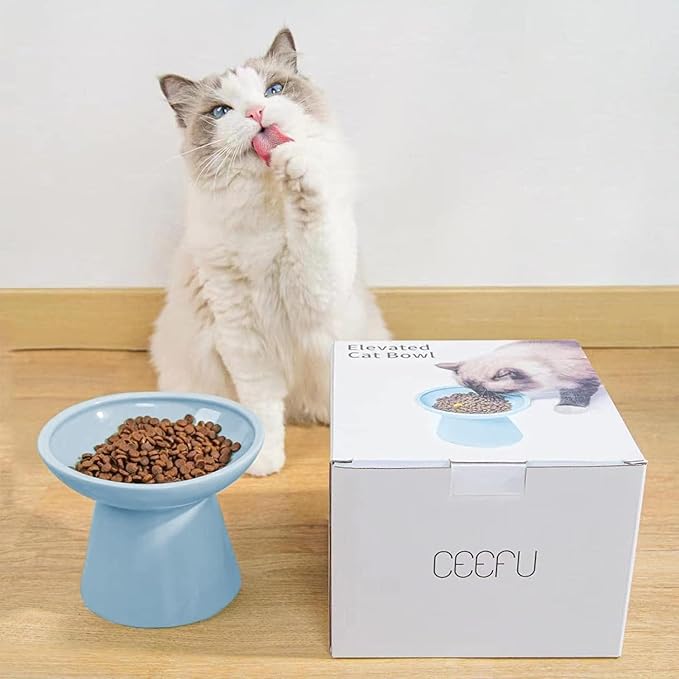 CEEFU Extra Wide Elevated Ceramic Cat Bowl, 6.2" Shallow Dish for Whisker Fatigue Relief, 5" Height for Easy Feeding, Durable Raised Cat Food Bowls, Pack of 2, Blue