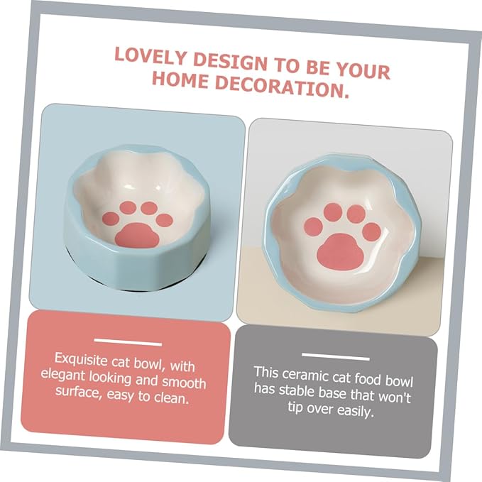 Ceramic Slanted Pet Bowl with Blue Animal Paw Design, Tilted Dog and Cat Food Dish for Feeding and Watering, Small Size Pet Feeder Suitable for Cats and Small Dogs
