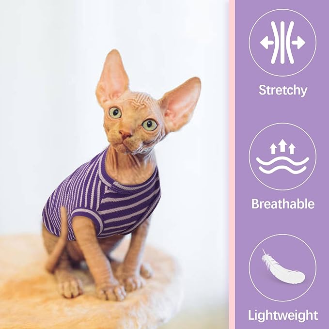 Sphynx Cat Clothes, Breathable Hairless Cat Shirts, Stripe Kitten T-Shirts Sleeveless, Pullover Cat Sweaters, Pet Summer Apparel for Sphynx, Cornish Rex, Devon Rex, Peterbald, Small Dogs