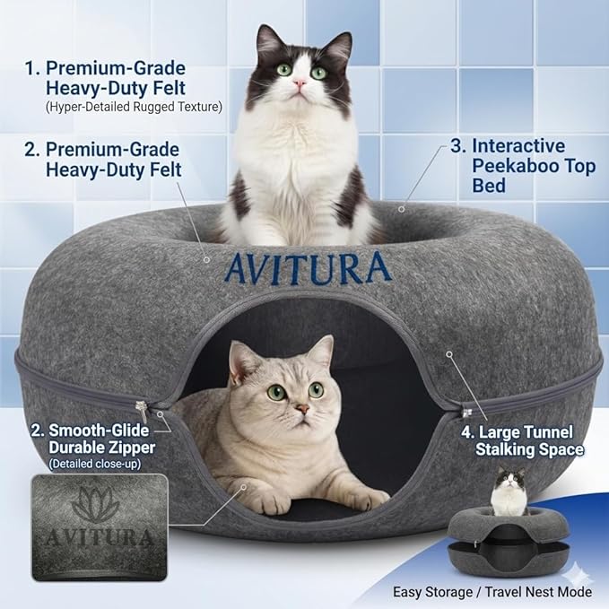 AVITURA Peekaboo Cat Cave - Large Cat Tunnel Bed for Indoor Cats up to 30lbs, Durable Felt Cats Donut Cave & Interactive Scratch Resistant Hideaway, Detachable Zippered Kitty Bed & Pet Cave, Dark Grey