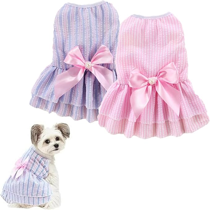 Qiansail 2Pcs Dog Dresses, Puppy Summer Clothes Cute Pet Girl Princess Dress Sweet Bow Knot Skirt Female for Puppy Kitten (M)