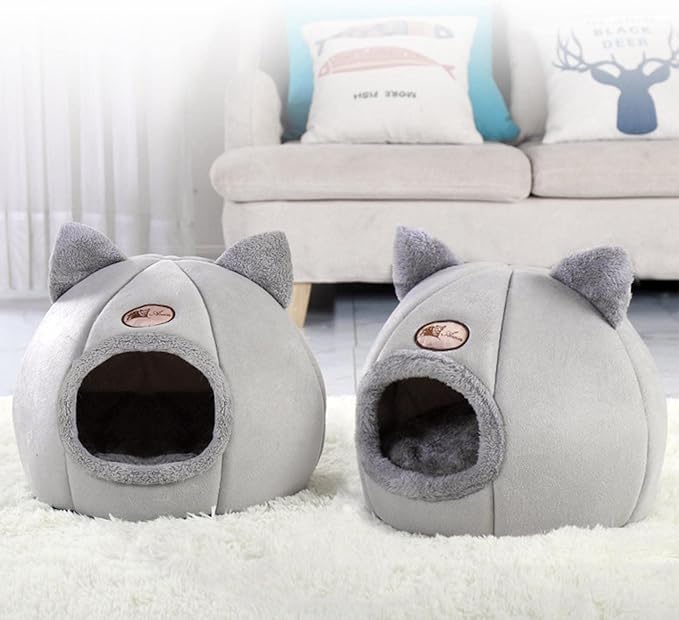 Cat Beds for Indoor Cats, 13 Inch Washable Fluffy Soft Cute Cat Bed Cave with Removable Cushion,Round Plush Faux Fur Self Warming Cat Bed for Small Medium Dogs Puppy Kitten Kitty Supplies