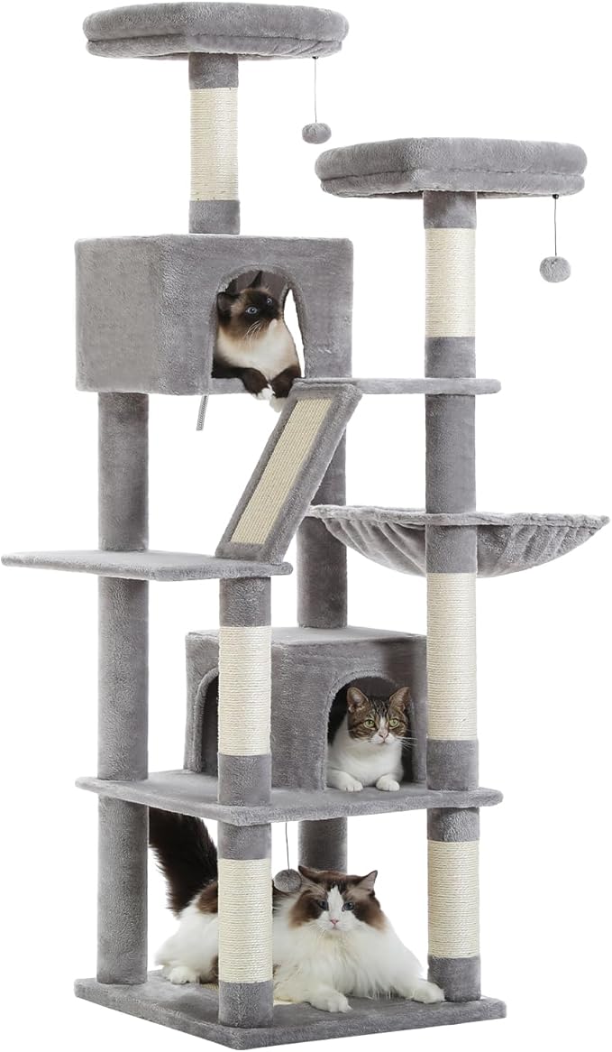 MUTTROS Tall Cat Tree 70.9", Large Cat Tree for Indoor Cats, Multi-Level Plush Cat Condo with 6 Scratching Posts, 2 Scratching Boards, 2 Perches, 2 Caves, Hammock, 2 Pompoms, Gray