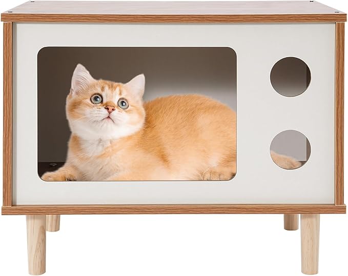 Solid Wood Cat House Nightstand, TV-Shaped Pet Bed with Peek-a-Hole, Modern Cat Furniture for Indoor Cats, Multi-Functional Bedside Table Load 165lb, 19.7" L x 11.4" W x 15.7" H