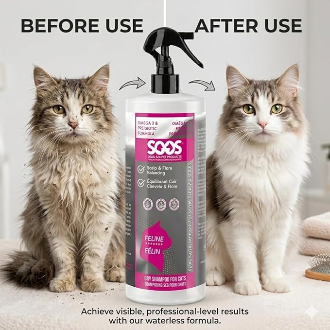 SOOS Nutri-Cleanse Waterless Cat Shampoo - Grooming Spray Omega-3 Enriched Dry Foam for Coat Deodorizing & Cleaning - 473ml