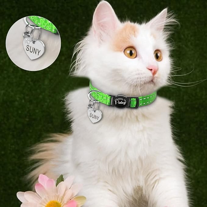 Quick Release Cat Collar Reflective Cat Collars Personalized Puppy Collars for Small Dog Cats Kitten Doggy Green XXS