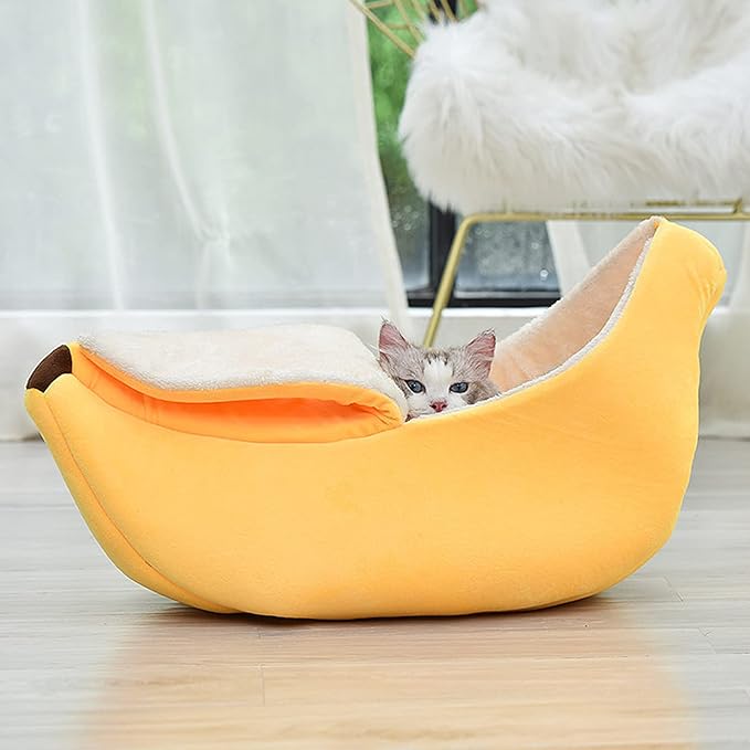 DULRLLY Banana Cat Bed,Creative Banana Shape Cat Bed for Indoor Cats Cute Cat Bed with Removable Pad Soft Plush Self Warming Cat Sleeping Bed for Winter Dogs and Cats Warm House Bed(M)