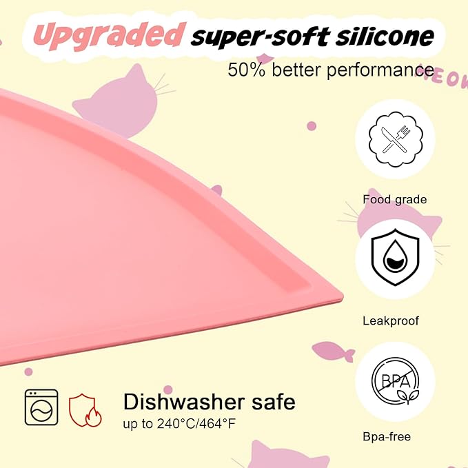 Xindojuz Cat Bowl Mat for Food and Water, Silicone Pet Feeding Food Mat for Floor Waterproof Non-Slip Dog Water Bowl Tray Cushion with Raised Edge for Indoor Cats Dogs Pet Placemat (Pink, 44×26 cm)