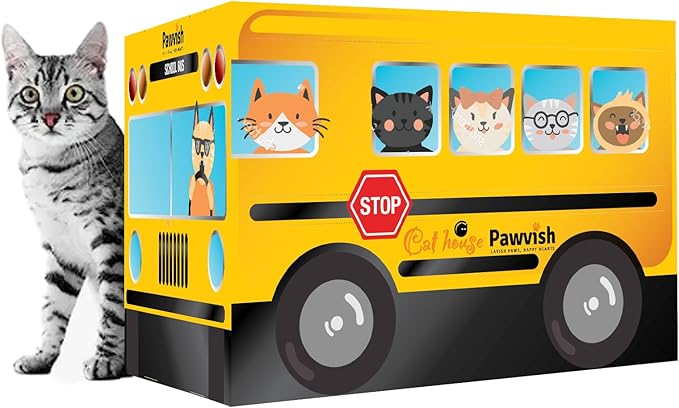 School Bus Cardboard Cat House and Scratcher, Play House, Scratching Pad, Corrugated Hideaway Cave, Cute Kitty Condos Box, Bed for Indoor Cats, Kittens, Bunny, Fur Babies