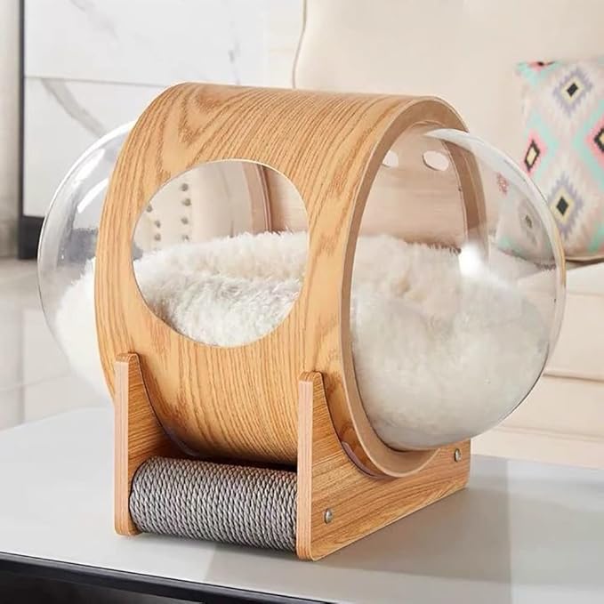 Space Capsule Cat House: Bed with Scratching Post & Removable Cushion - Cats Nest & Kennel Wooden Furniture - Large & Small Cats Indoor