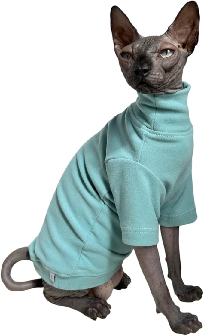 Sphynx Cats Solid Warm Fleece Shirt Cat Turtleneck Undershirt Thermal Hairless Cat Clothes for Sphynx, Devon, Cornish Cat Clothes and Small Kitten and Dogs (Haze Blue, Medium)