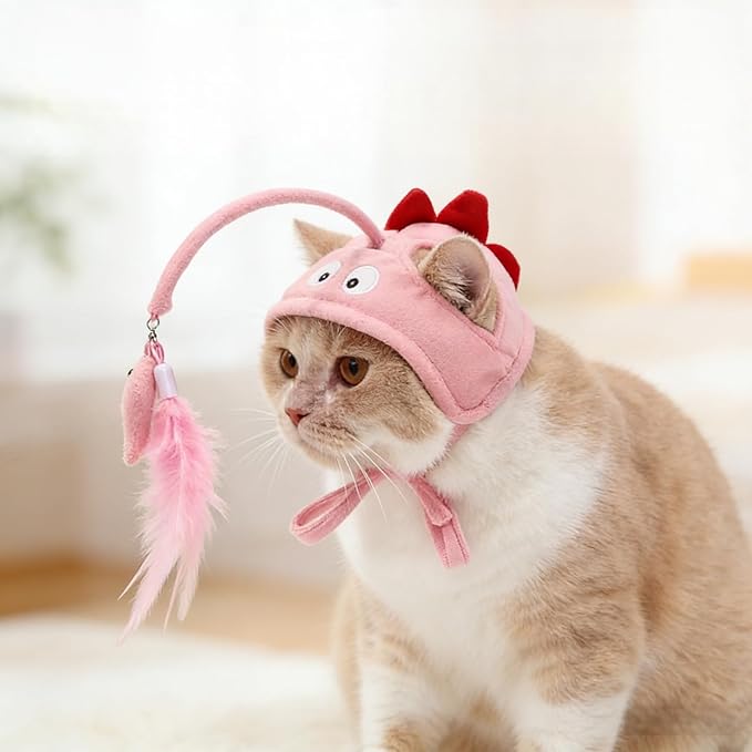 Cat Hat Toy Feather Wand Teaser Cat Toys (Pink)