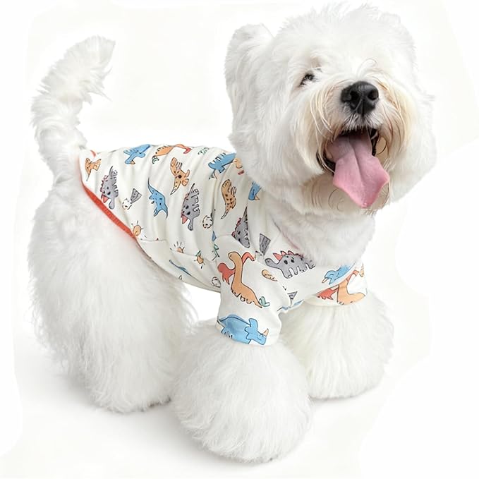 Cute Dog Shirt, Stretchy Dino Doggie T-Shirt Clothes for Small Dogs, Soft Pet Tee Outfit Cat Apparel for Daily Wear, Cozy Pullover Design Puppy Apperal (Dino Cartoon, Small Size for 3.3-5.5lb Pets)