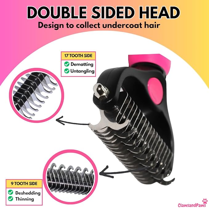 ClawsandPaws Professional Pet Grooming Brush, Shedding & Dematting Brush for Short/Medium/Long Haired Cats/Dogs, Undercoat Rake, Deshedding Tool, Dog Brush, Dematting Comb, Pink