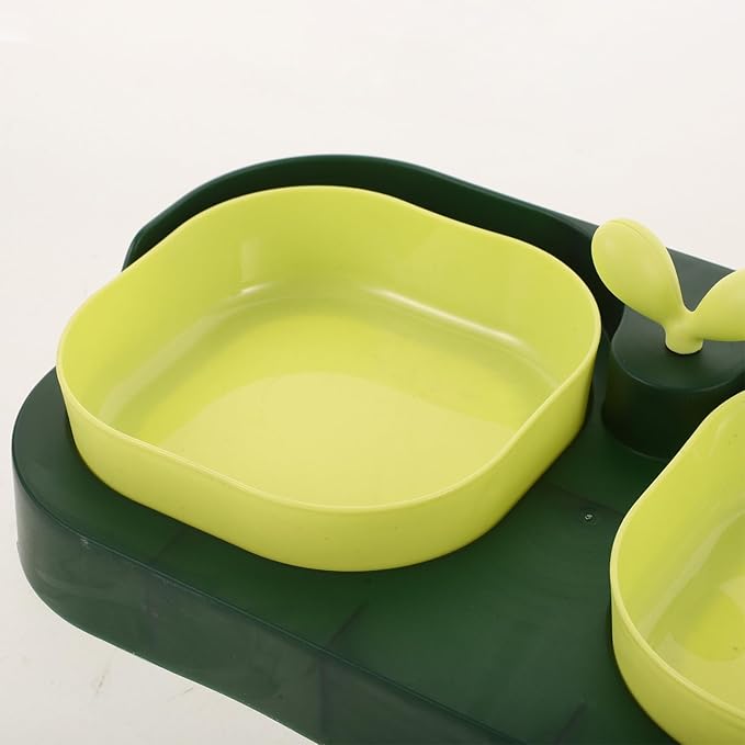 VILLCASE Cat and Dog Double Pet Bowl Set, Plastic Indoor Feeding and Watering Dish, Non-tip Food and Water Bowls with Stand, Dark Green, Suitable for Kittens and Small Dogs
