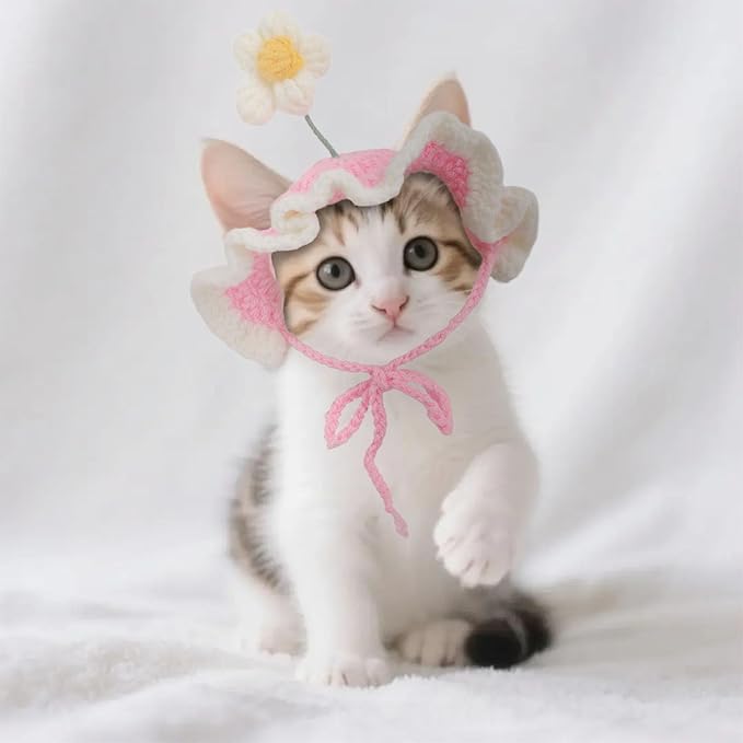 Cat Hat, Cute Flower Crochet Cat Hat Knitted Costume Headwear for Kitten Dog Puppy Pet Halloween Christmas Small Knit Cap Clothes Decoration (Pink)