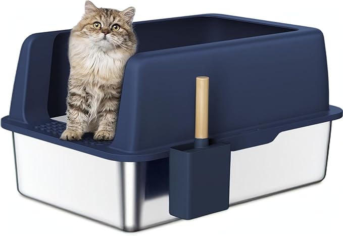Stainless Steel X-Large Semi-Enclosed Litter Box kit for Multiple Cats, Matching Scooper and Holder Included, High-Sided, Easy to Clean (Navy Blue)