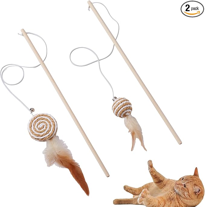 NOWFRESH Cat Wand Toy Set, 2 PCS Interactive Cat Teaser Wands with Cute Paper Balls & Paper Circles Designs, Equipped with Bells and Streamers to Captivate Your Cat’s Attention