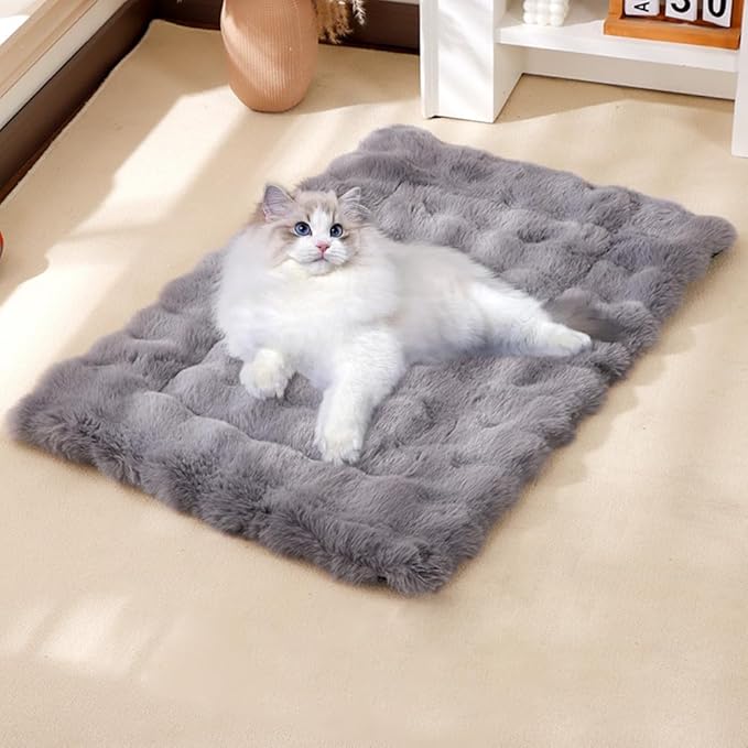 Cat Bed Mat Dog Crate Pads, Cat Beds for Indoor Cats Small Dogs, Plush Pet Bed Mats Faux Fur Dog Crate Mat with Removable Pillow for Cages/Floor/Couch (Grey,XL-27.5 * 47.2 in)