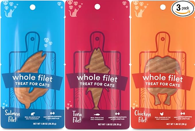 Cat Filet Treats Variety Pack - Chicken Tuna Salmon 3 Flavors - Soft High Protein Single Ingredient All Natural Cat Treats - Grain Free Healthy Cat Snacks Food Topper for Picky Eaters - 3oz (3x1oz)