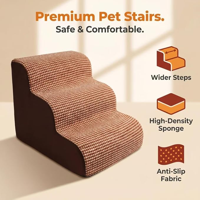 Dog Stairs for Small Dogs，35D Pet Stairs Steps 15” H with Durable Non-Slip Waterproof Fabric Cover, Slope Stairs to Bed for Small Dogs and Cats or Pets Joints, 3 Step Dog Ramp for Couch and Bed