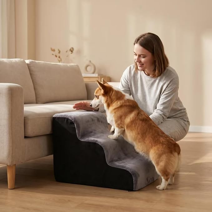 Dog Stairs for Small Dogs，35D Pet Stairs Steps 15” H with Durable Non-Slip Waterproof Fabric Cover, Slope Stairs to Bed for Small Dogs and Cats or Pets Joints, 3 Step Dog Ramp for Couch and Bed