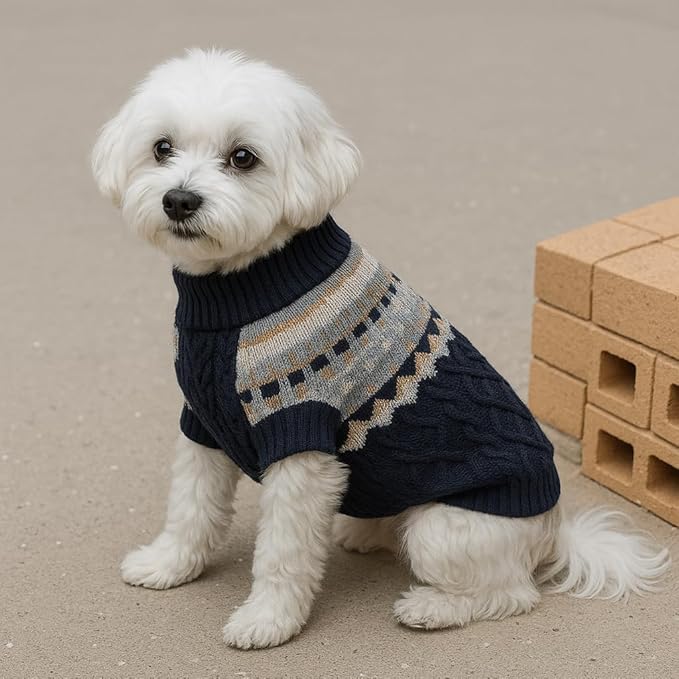 Knit Dog Sweater Turtleneck Cat Cold Weather Pullover Pet Vintage Cable Thick Warm Winter Clothes for X Small Dogs Cats Medium Pug Dachshund Yorkie (Navy, X-Large)