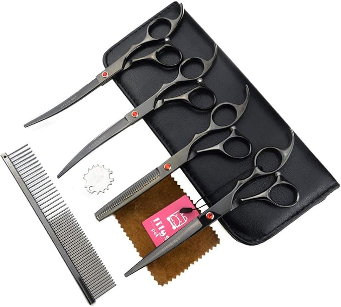 Professional PET DOG Grooming Coated Titanium scissors suit Cutting&Curved&Thinning shears (7.0 inches, Black)…
