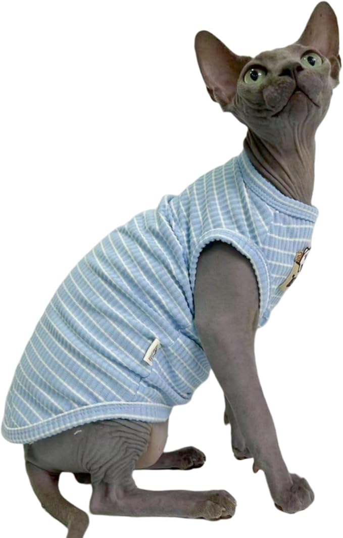 Sphynx Cat Clothes Vest for Hairless Cat, Rib Knit Stripe Cats T-Shirt Apparel, Kitten Summer Cotton Shirts Sleeveless for Cornish Rex, Devon Rex, Peterbald (Sky, L (7.5-9.4 lbs))