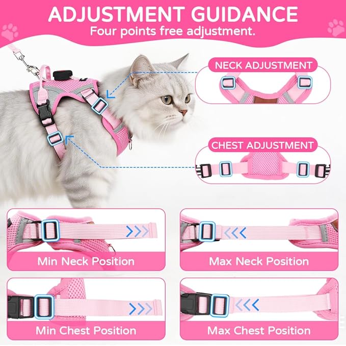 Cat Harness and Leash Set with Holder Compatible with AirTag, Escape Proof Kitten Harness with Lead for Small Cats, Soft Mesh Puppy Jacket Vest for Outdoor Walking, Reflective & Adjustable, Pink, S