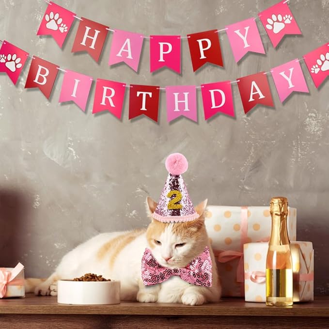 Cat Birthday Party Supplies, Adjustable Cat Birthday Hat with Numbers, Bandana, Bow Tie, Banner for Cat Kittens Decorations, Fun Pet Celebration Kit(Color:Pink)