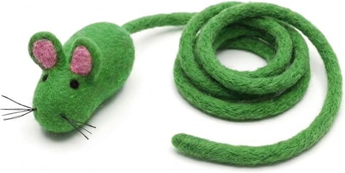 Glaciart One Felt Mouse Cat Toy – Soft Fuzzy Enrichment 100% Natural Wool - Interactive Catnip Play Cat Toy Set - Safe for Pets, Non-AZO Colored Dyes - 100” Long