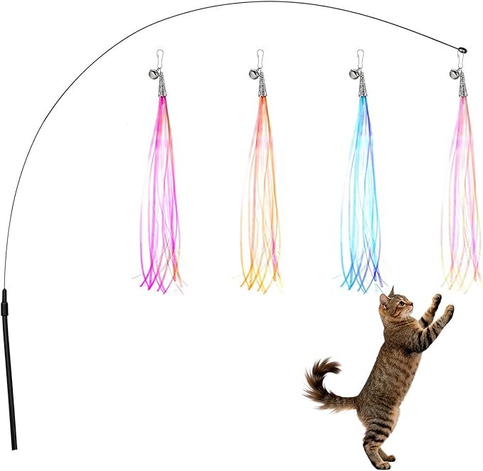 salbsever Cat Wand Toys, Colorful Cat Toys with Bells 31.5" Cats Teaser Wand and 4 Tassles for Indoor Cats Keeping Fit