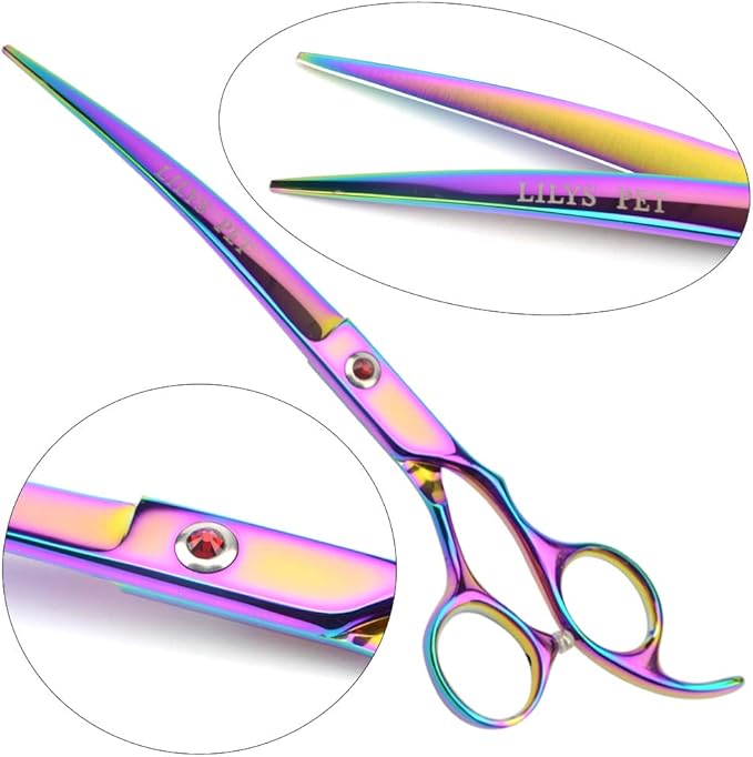 Professional PET DOG Grooming Coated Titanium scissors suit Cutting&Curved&Thinning shears (7.5 inches, Rainbow)…