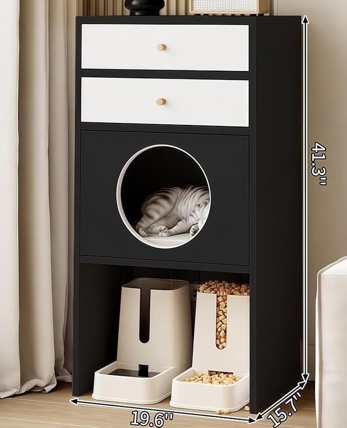 Multi-Function Cat House Furniture, Solid Wood Cat Condo with Storage Drawer, Pet Bed & Feeding Area, Compact Cat Cabinet (Black & White,19.6" L*15.7" W*41.3" H)