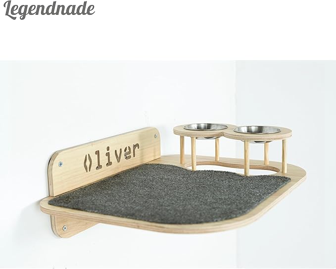 Personalized Cat Shelves, Wood Wall Mounted Furniture, Feeding Shelf with 2 Food Bowls, Large Perch Wooden Toy Bed for Playing Sleeping Scratching, Your Cat Gifts