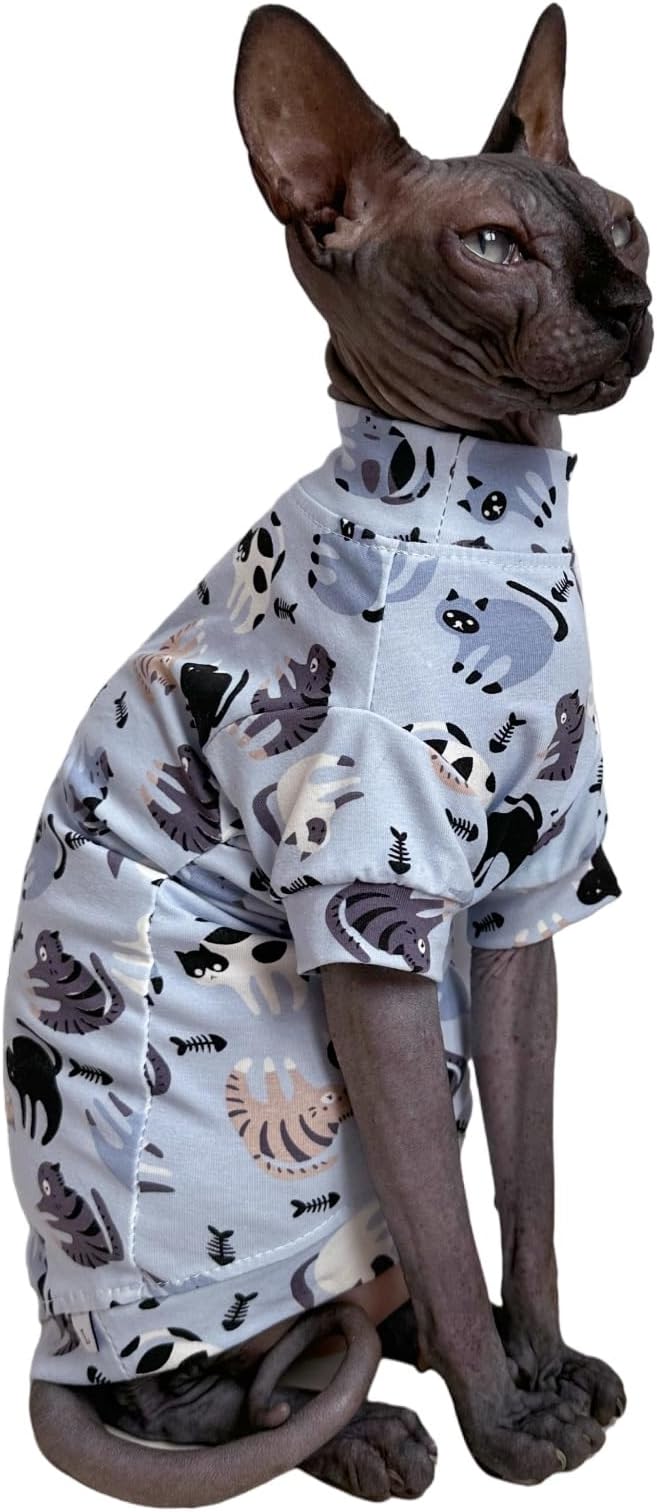 Limited Edition Sphynx Cat Cotton T-Shirts Hairless Cat Sweatshirt Pet Kitten Clothes Round Collar Kitten Shirts Vest Cats & Small Dogs Apparel (Cat Fishbone, S (3.3-4.4 lbs))
