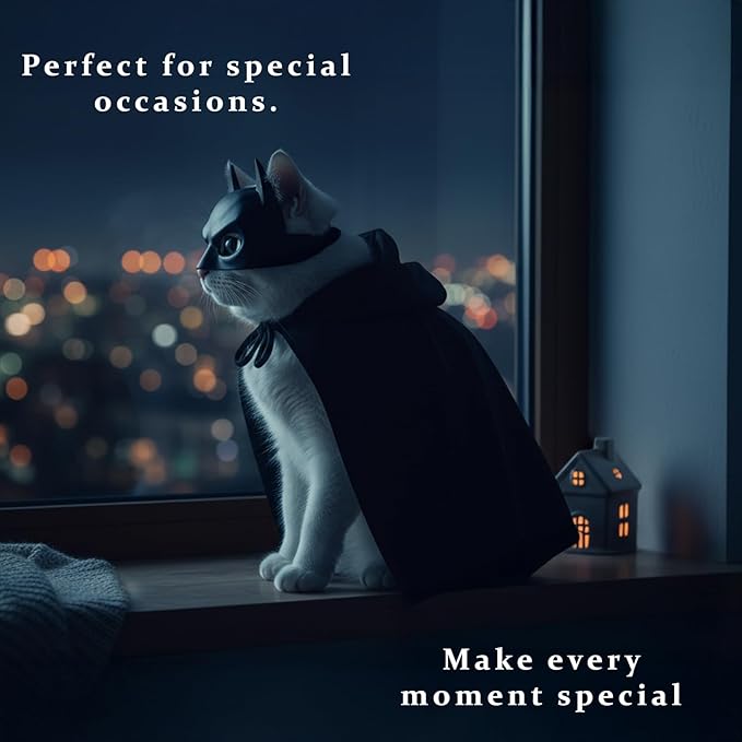 Black Bat Cat Mask and Cloak Costume for Indoor Cats, Funny Superhero Pet Outfit for Christmas, Cosplay, Parties and Photoshoots, Hooded Cape for Cats Big Size