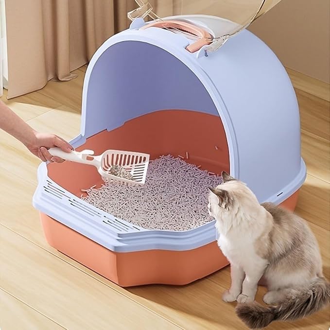 Pet Supplies, Enclosed Cat Litter Box with Door Flap & Handle, Anti-Splash Toilet(Purple)