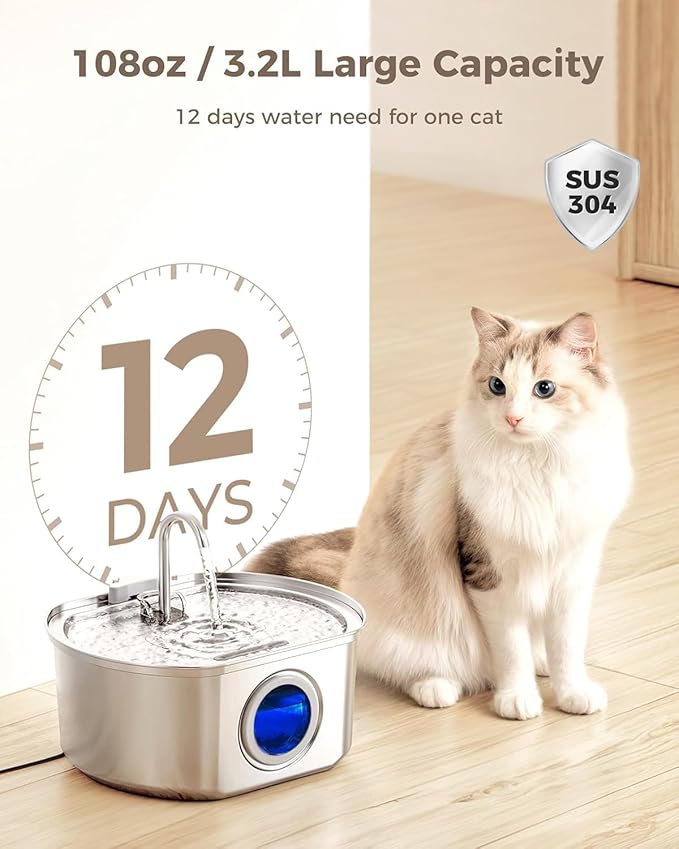 Vetiflow Water Bowl Original - Fresh Drinking Fountain for Dogs Cats,108oz/3.2L Automatic Dog Watering Dispenser Bowl - Pet Feeding & Watering Supplies - Water Level Window (8pcs Filter)