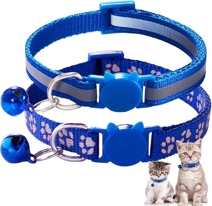Blue Reflective Cat Collar with Bells, 2 Pack Break Away Kitten Collar with Bells, Safety Buckle Breakaway Cat Collar for Boy Cats Kitty