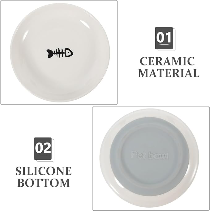 ibasenice Ceramic Cat Bowls 3pcs Shallow Wide Cat Feeder Dish with Non-Slip Silicone Base Gray Fishbone Design for Healthy Feeding and Watering