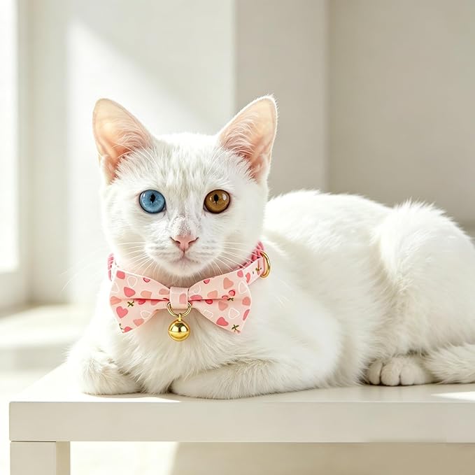 2 Pack Cat Collars with Removable Bow Tie and Bell, Adjustable Breakaway Kitten Collar, Cute Pink Cherry & Heart Print Pet Collar for Cats.(Adult Cat,Pink+Pink)