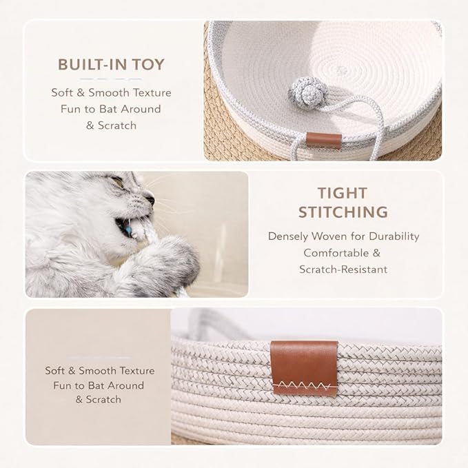 Interactive Cat Bed Basket Handwoven Cotton Rope Stimulicat Cat Basket with Toy Ball, Foldable Scratchable Instinct Basket for Cats & Kittens Stimuli Cat Basket Nest