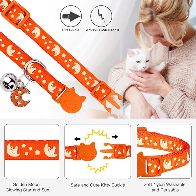 Baeuppit 2Pcs Breakaway Cats Collars Cat Collars for Boy & Girl Cats Adjustable Kitten Collars with Bell,Black+Tangerine,8"-13.1"