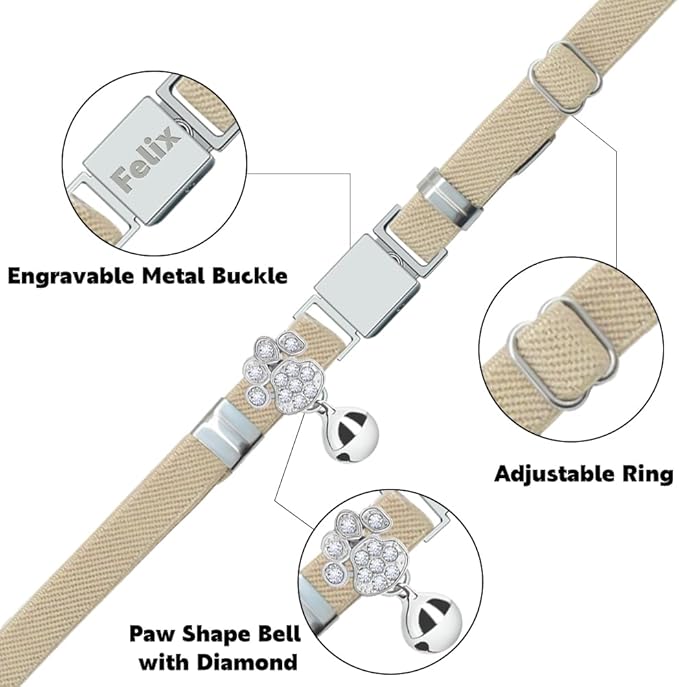 Personalized Safety Elastic Cat Collars with Bell,Laser Customized Stretch Kitten Collars for Girls Boys Cats-Khaki